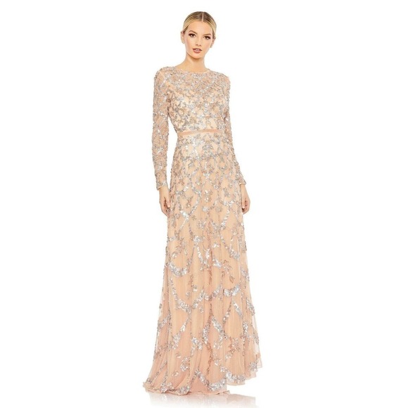 NWT Mac Duggal Sequin Beaded Long Sleeve Gown 5496 Blush Pink Women's Size 10 - Picture 1 of 10